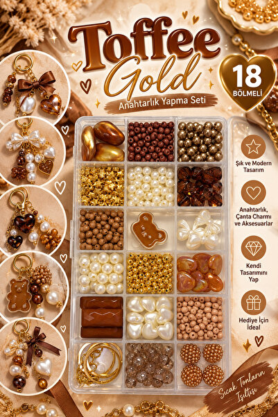 By MO Accessories Toffee Gold – 18 Bölmeli Anahtarlık Yapma Seti | Boncuk, Fi...