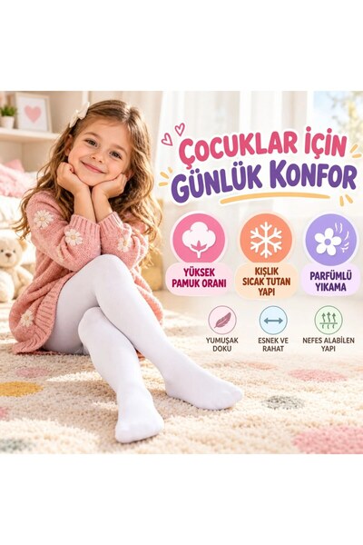 TeOraStore Çocuk Beyaz Külotlu Çorap Yüksek Pamuklu Kışlık Parfümlü Yumuşak Dokulu Esnek Rahat