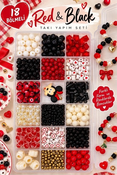 By MO Accessories Red & Black – Çocuklar İçin 18 Bölmeli Takı Yapma Seti | Re...