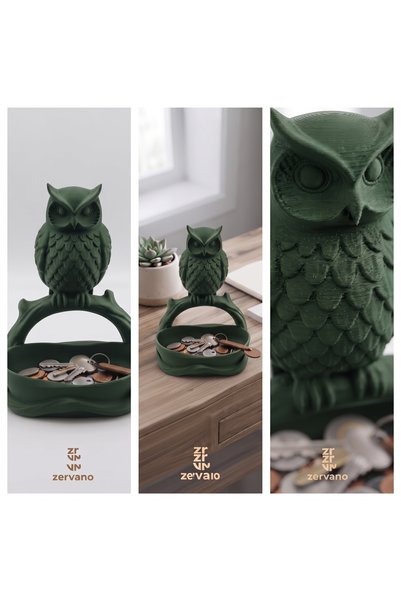 Zervano Decorative Key Holder and Coin Organizer with Owl Figure - Desktop Organizer - 3D Printing