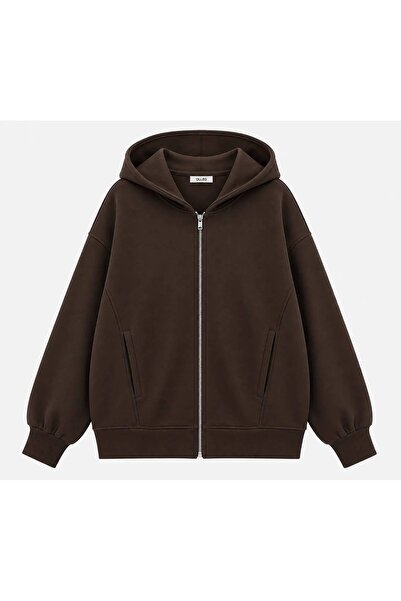 olleo studio Women's Brown Hooded Oversize Modal Fabric Soft Touch Zippered C...
