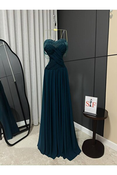 ALSAMAHA Petrol Chiffon Georgette Embroidered Dress