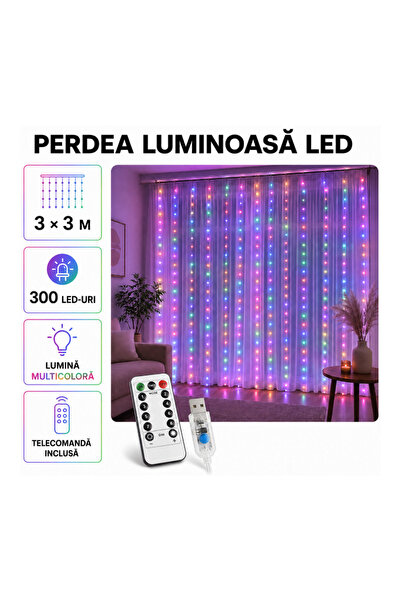 RXH Instalație de Crăciun Tip Perdea, 3 x 3 m, 300 LED-uri, Multicolor