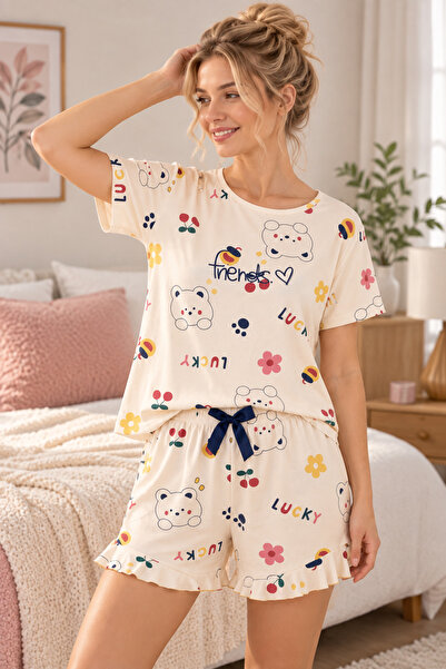 SERPİL Ss Gi̇yi̇m Women's Cream Colored Teddy Bear Patterned Shorts Pajama Set – Short Sleeve Home Wear Set