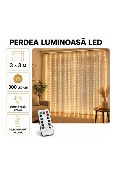 RXH Instalație de Crăciun Tip Perdea, 3 x 3 m, 300 LED-uri, Alb Cald