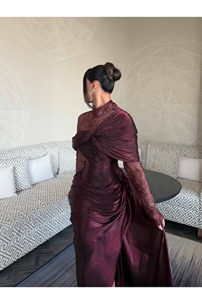 ALSAMAH Audrey Crinkle Dress with Lace Sleeves