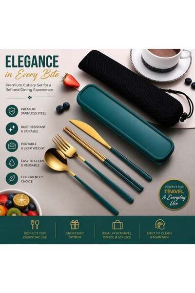 Generic Cutlery Set – Green & Gold Knife | Spoon | Fork | Chopsticks | 4-in-1...