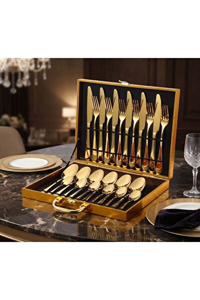 Generic Luxury 24-Piece Gold Cutlery Set with Elegant Leather Carry Case