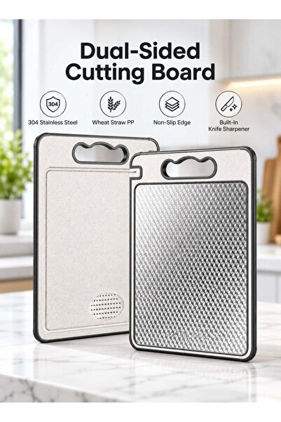 Generic Double-Sided Cutting Board, 304 Stainless Steel and Wheat Straw PP Ch...