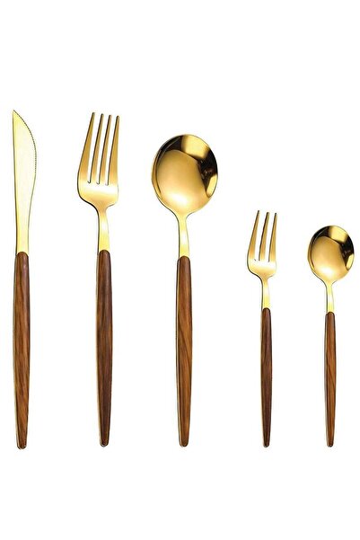 Generic BERAM Golden Timber 5-Piece Cutlery Set – Stainless Steel Flatware wi...