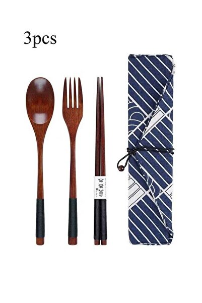 Generic Chopsticks Fork Spoon Three Piece Wooden Travel Cutlery Set with Pouc...