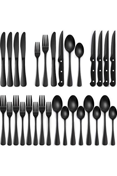 Generic 24-Piece Black Stainless Steel Cutlery Set With Steak Knives, Flatwar...