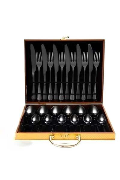 Generic 24 Pcs Stainless Steel Reusable Spoon Fork And Knives Black Color Cut...