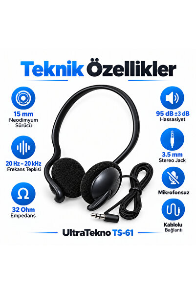 ULTRATEKNO TS-61 3.5 mm Stereo Kablolu Ense Tipi Kulaklık MP3 PC Laptop Telefon Uyumlu Kulak Arkası Kulaklık