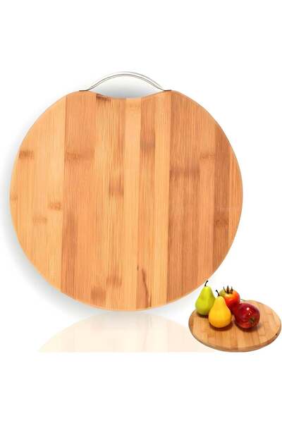 Generic Round Bamboo Cutting Board 34cm with Stainless Steel Handle – Thick 1...