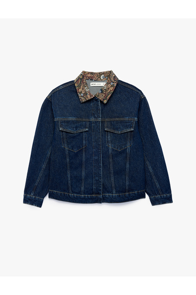 Koton Cepli Rahat Kalıp Düğmeli Uzun Kollu Yakası Şal Desenli Denim Ceket