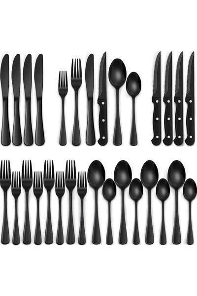 Generic 24-Piece Black Silverware Set with Steak Knives, Black Flatware Set f...