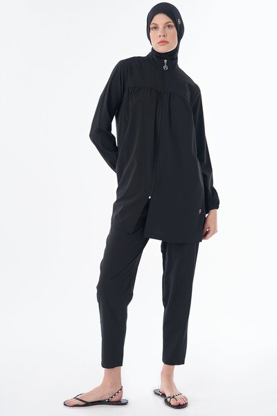 Kayra Zippered Hijab Swimsuit Black