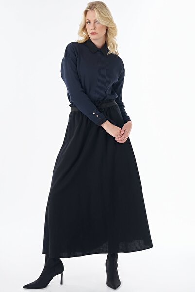 Kayra Elastic Waist Denim Skirt Black