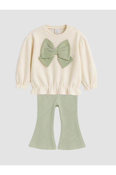 LC Waikiki Nevavm Lcw Baby Ecru Bow Detailed Baby Girl Sweatshirt and Leggings