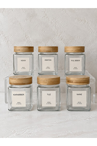 KaiAtelier Set of 6 Square Bamboo Lid Glass Jars 300ml / with 12 Labels