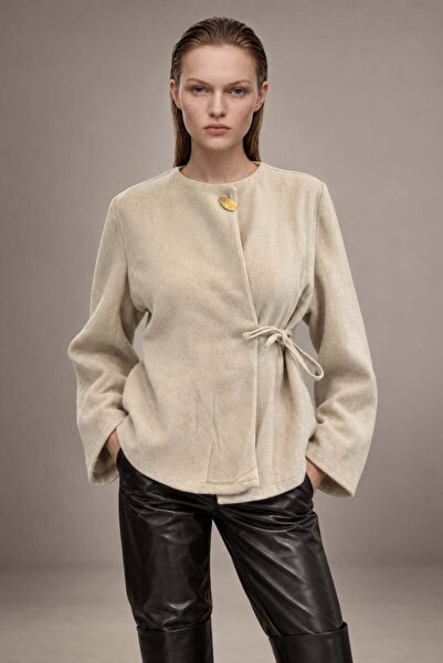 HAKKE Kadın Gold Düğme Detaylı Belden Bağlamalı Ceket