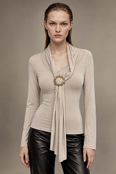 HAKKE Women's Long Sleeve Blouse with Buckle and Scarf Detail