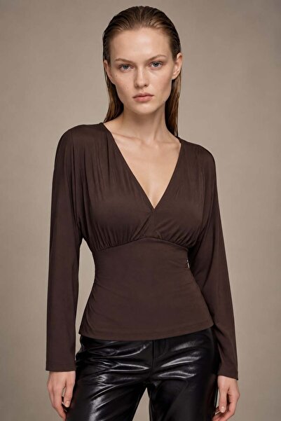 HAKKE Women's V-Neck Crop Blouse with Drawstring Detail
