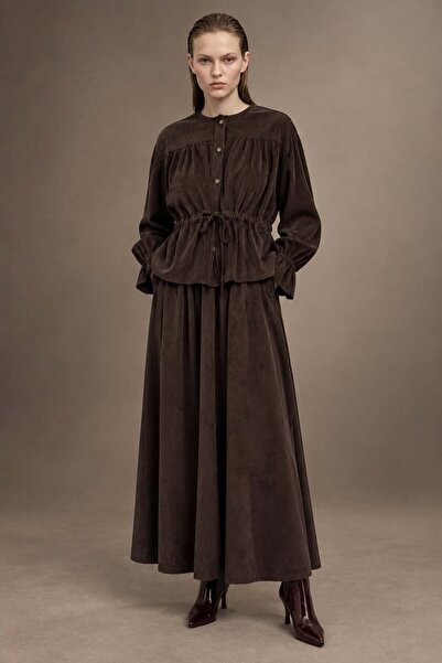 HAKKE Women's Corduroy Buttoned Blouse and Long Skirt Set