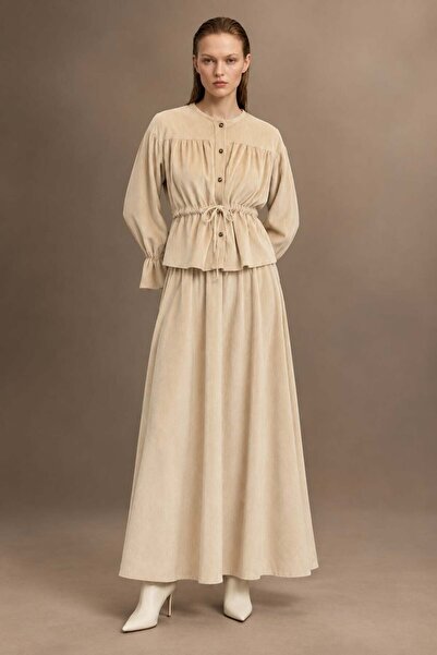 HAKKE Women's Corduroy Buttoned Blouse and Long Skirt Set