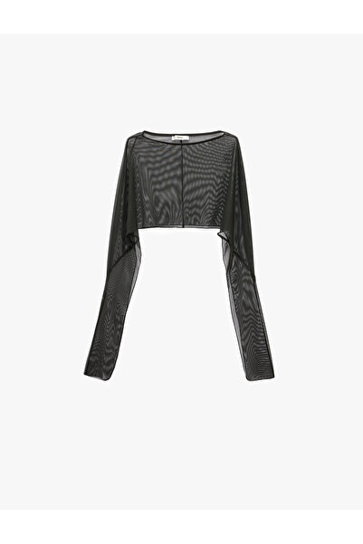 Koton Boat Neck Long Sleeve Crop Tulle Blouse