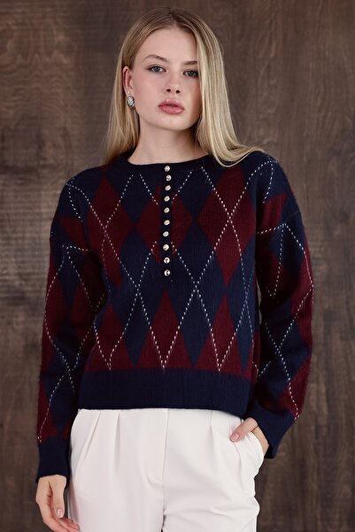 MODASPARK Burgundy Navy Blue Crew Neck Buttoned Diamond Pattern Women's Crop ...