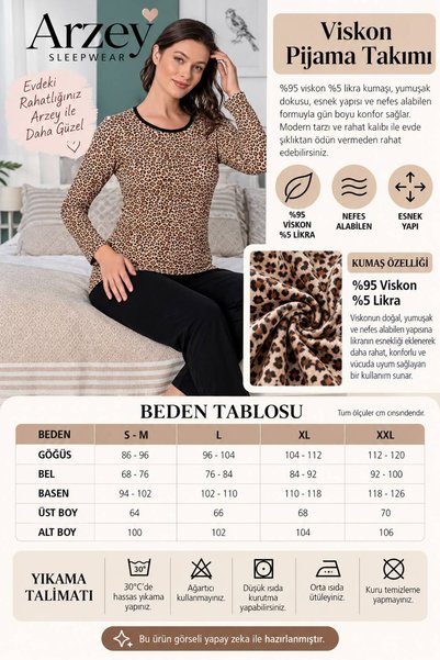 Arzey Black Heart Patterned Crew Neck Viscose Women's Long Sleeve Pajama Set