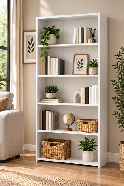 FURNICI Zeta 5 Raflı Kitaplık Beyaz | Modern Dekoratif Kitaplık | Çok Amaçlı ...