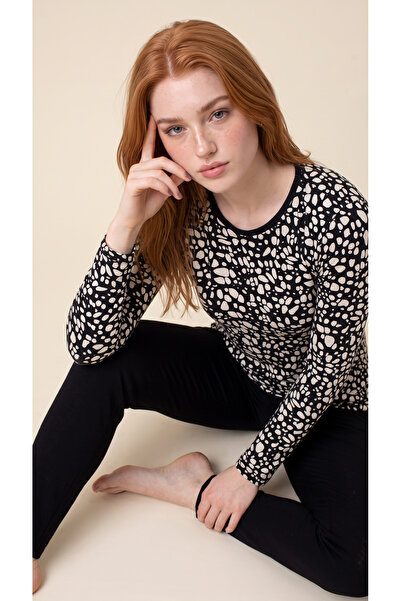 Arzey Geometric Patterned Crew Neck Viscose Women's Long Sleeve Pajama Set