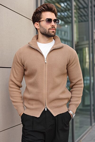 Madmext Mink Double Zipper Knitted Stand Collar Men's Knitwear Cardigan E7521