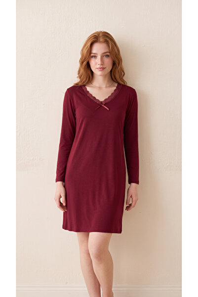 Arzey Cherry Viscose Lace Detailed Long Sleeve Women's Dress