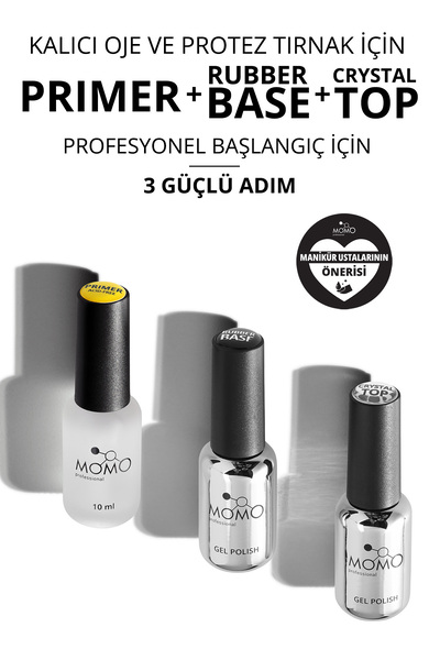 MOMO professional Kalıcı oje ve Protez Tırnak için 3’lü set Primer 10 ml, Rub...