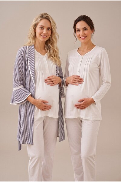 LOHOUSE Women's Navy Blue Striped Lace Maternity Pajama Set with Dressing Gow...