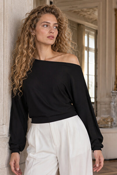 armonika Women's Black Asymmetrical Collar Blouse with Corset Waist Arm-27K00...