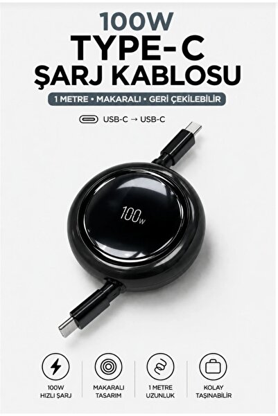 Poybox 100W Type-C to Type-C Makaralı Hızlı Şarj Kablosu – Çek-Bırak Otomatik...