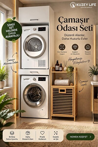 KuzeyLife Çamaşır Kurutma Makinesi Dolabı ve Bambu Kirli Sepetli Banyo Düzenl...