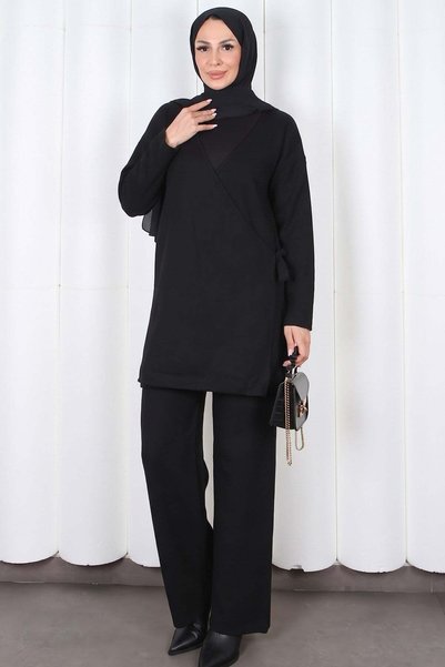 HNT Hayrunnisa Tesettür Black side-tie double-breasted collar knitwear set hnt2812