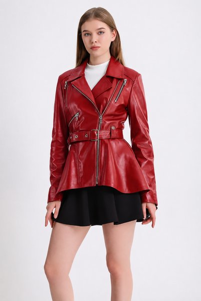 Leather Club Kırmızı Kemer Detaylı Deri Ceket