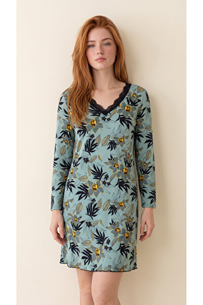 Arzey Floral Patterned Viscose Long Sleeve Women's Dress with Lace Detail
