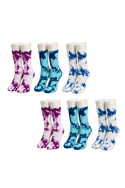 Şerife Hanım Unisex Batik Patterned Socks Set of 6 Cotton Colorful Long Socks...