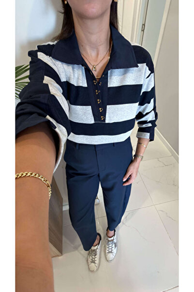 BİRCANÇİL Evas Lacivert Şerit Detaylı Agraflı Polo Yaka Sweat