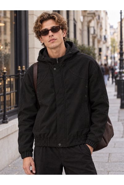 Danger Men's Thick Hooded Gabardine Coat Jacket Black 4342Dngr