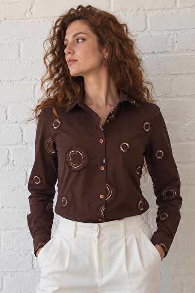 armonika Women's Dark Brown Stripe Pattern Long Sleeve Shirt Arm-20Y001002
