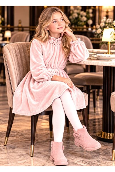 Ozmoz By Mukadder Özden Half-Throated Soft Powder Pink Velvet Girl's Dress